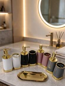 3Pcs Bathroom Countertop Set, Soap Dispenser Toothbrush Holder With Golden Tray, Gold Rim Vanity Storage Organizer, Modern Bathroom Decor, Multi Color Options - Multicolor 6 - View 8