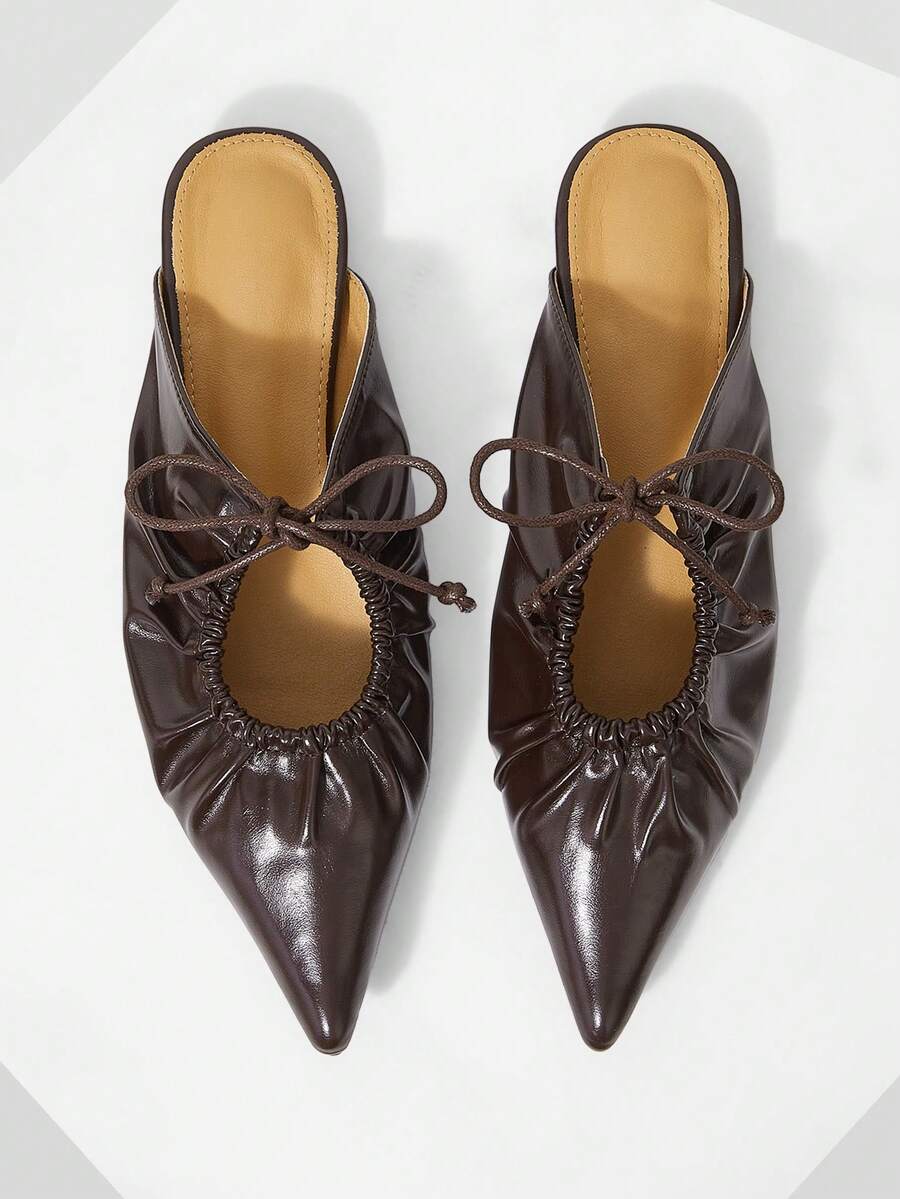Mnmlis Maillard Dark Brown Pleated Drawstring Lace-Up Pointed Toe Flat Bottom Mules V-Cut Closed Toe Outer Wear Slouchy Sandals Gentle Commute Fall Shoes - Brown - View 1