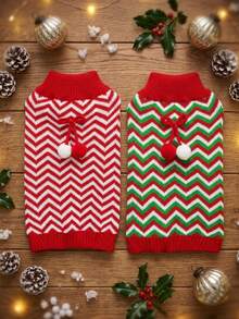 PETSIN Christmas Zigzag Sleeveless Dog Knit Vest With Pom Pom Bow, Winter Holiday Pet Tank Top - Multicolor - View 3
