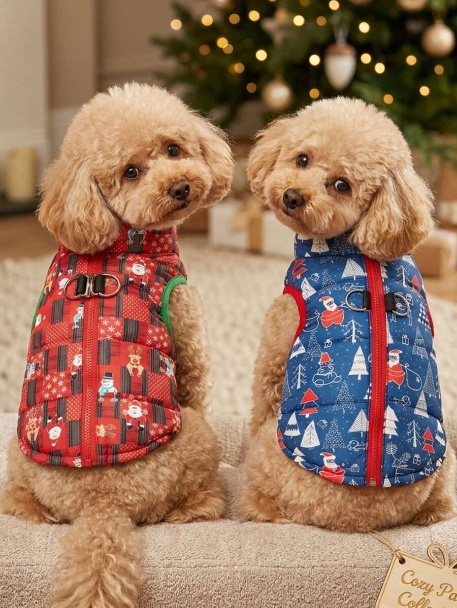 PETSIN Festive Christmas Quilted Dog Vest Zip‑Up Sleeveless Jacket With Dual D‑Ring Leash Hooks