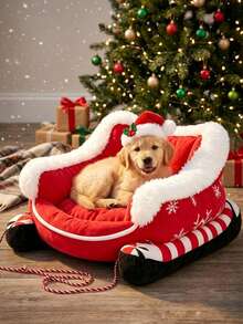 PETSIN 1PC Christmas Sleigh‑Shaped Pet Bed, Removable Washable Pet Sofa Nest, All‑Season Sleeping Cushion Bed For Small Dogs & Cats - Multicolor - View 3