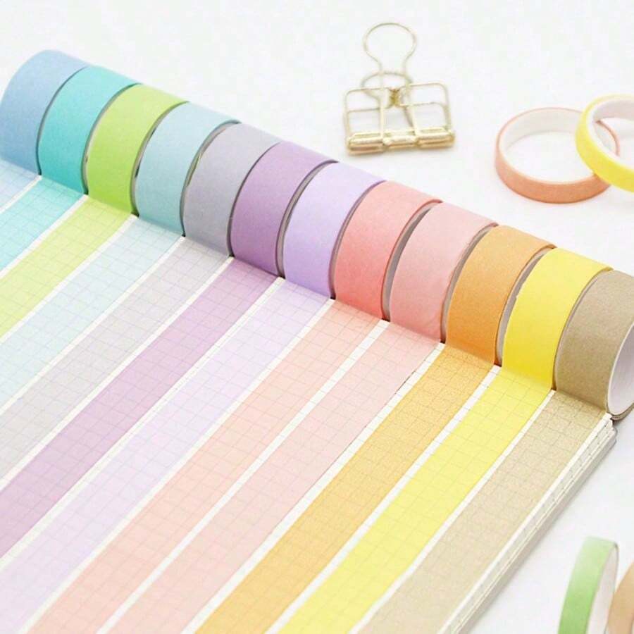 6/12 Rolls Decorative Solid Color Paper Tape Set, Rainbow DIY Masking Tape, Suitable For Notebooks, Planners And Labeling, Back To School Supplies - Youth Macaron - View 1