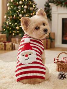 PETSIN 1pc Stretchy Knitted Warm Two-Legged Sweater With Santa Embroidery For Small And Large Dogs, Christmas Decorations - Red and White - View 6