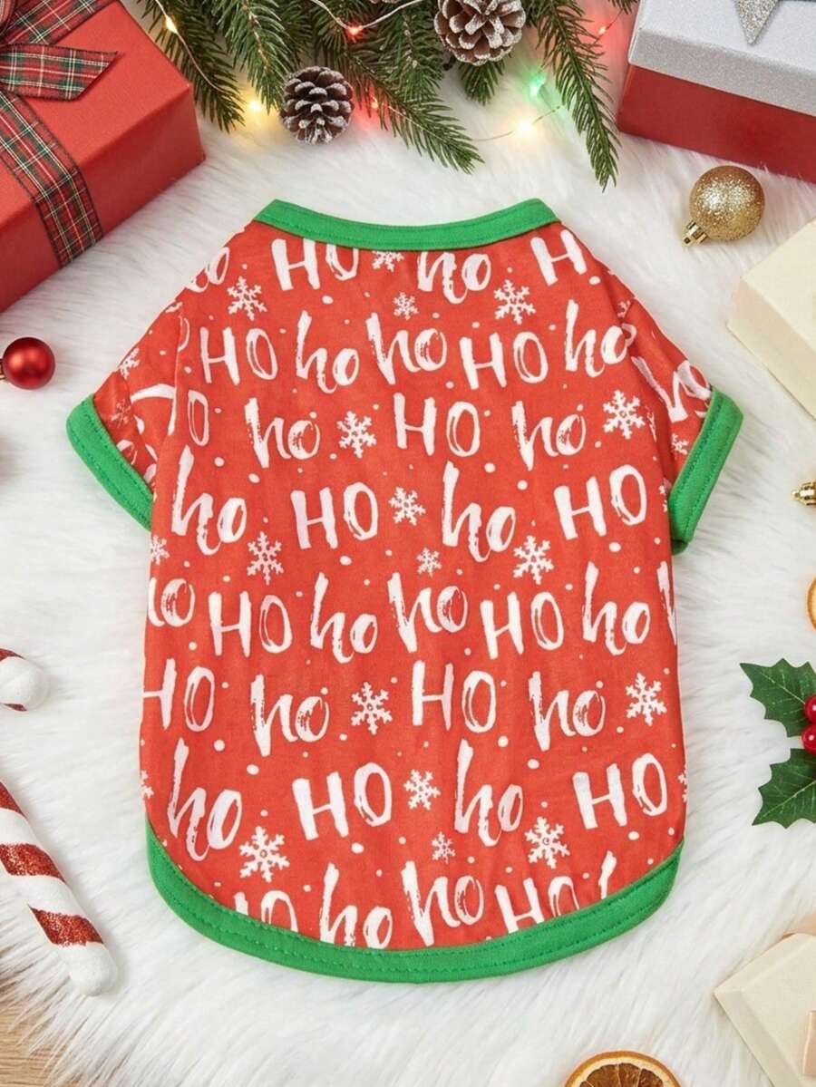 PETSIN Festive Pet Tee With "HO HO HO" & Snowflake Print - Red Base Green Trim Christmas Dog Clothes