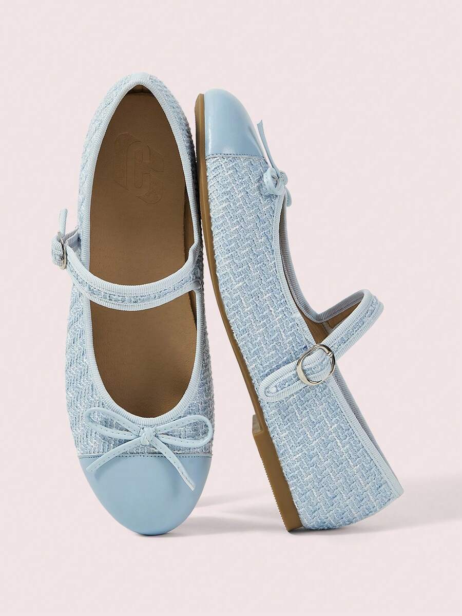 CUCCOO DOLLMOD Ladies Sweet Bow Decoration Light Blue Splicing Mary Jane Ballet Flats, Round Toe Buckle Buckle Soft-Soled Flats, Suitable For Daily, Party - Light blue - View 1