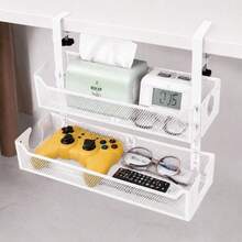 No-Drill Under-Desk Storage Basket, Metal Mesh Hanging Storage Rack, Single/Double Layer Adjustable Diy Organizer, Sturdy Clamp-On Desktop Storage Rack, Suitable For Home And Office, Multi-Functional Storage Rack - White - View 4