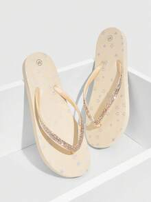 Grefit Flat Indoor/Outdoor/Beach Flip Flops With Star Print For Summer Spring Shoes Spring Break Easter For Casual Beach Style For Christmas Beach Shoes - Apricot - View 3