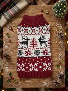 PETSIN Christmas Reindeer Knit Dog Sweater Burgundy Red With Snowflake & Tree Patterns - Multicolor - View 3