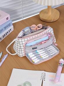 1PC Large Capacity Simple Plaid Multifunctional Triangle Pencil Case Handheld Portable Student Stationery Organizer For School Travel Office Desk Home Gift - Single Piece - View 6