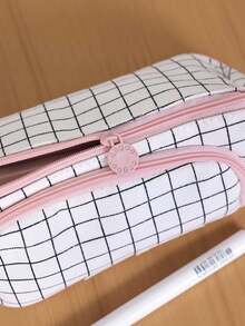 1PC Large Capacity Simple Plaid Multifunctional Triangle Pencil Case Handheld Portable Student Stationery Organizer For School Travel Office Desk Home Gift - Single Piece - View 9