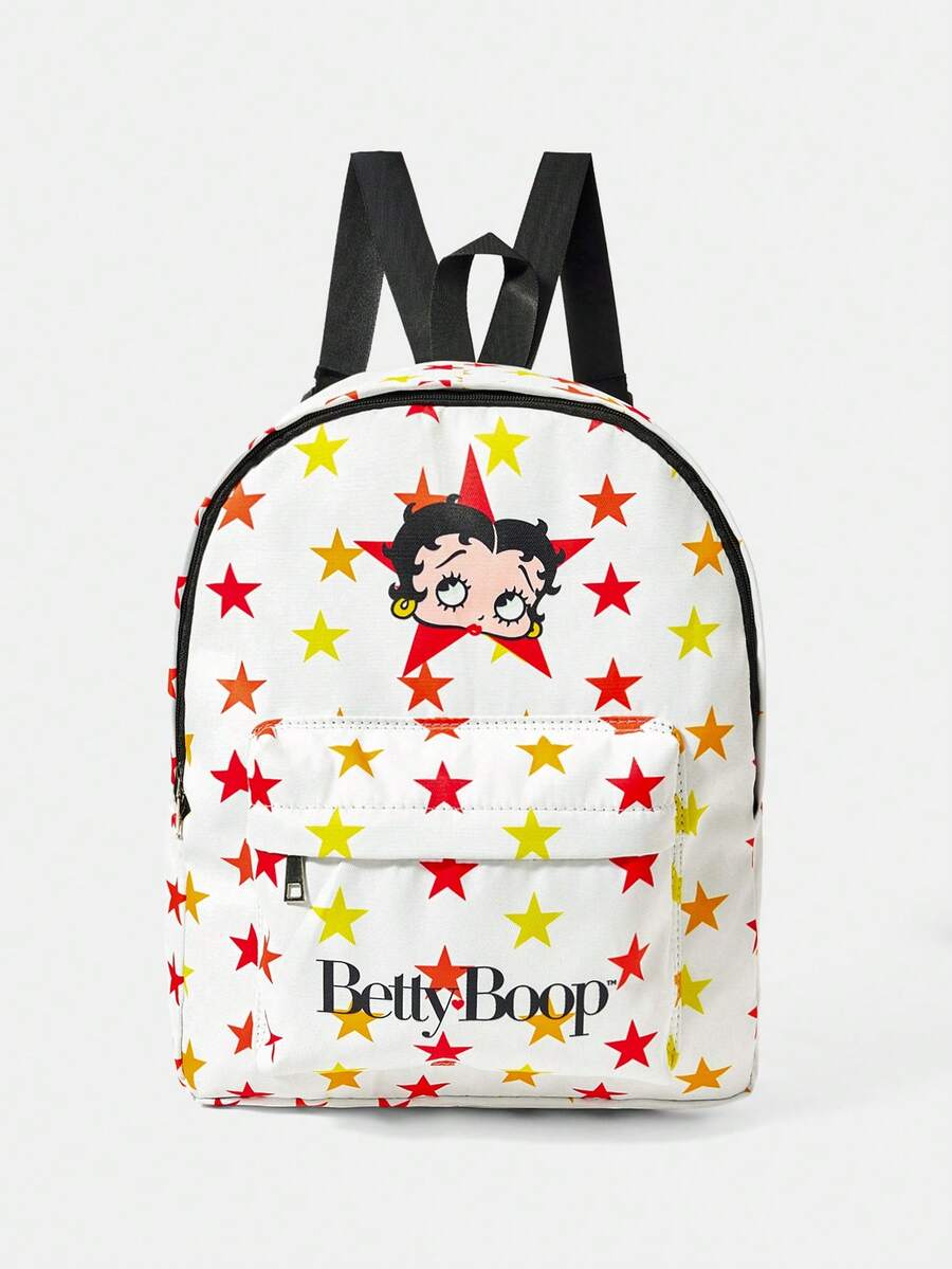 Betty Boop x SHEIN 星星與卡通角色字母印花後背包，附前口袋，適用於學校、旅行與日常使用 - 卡通-6 - 查看 1