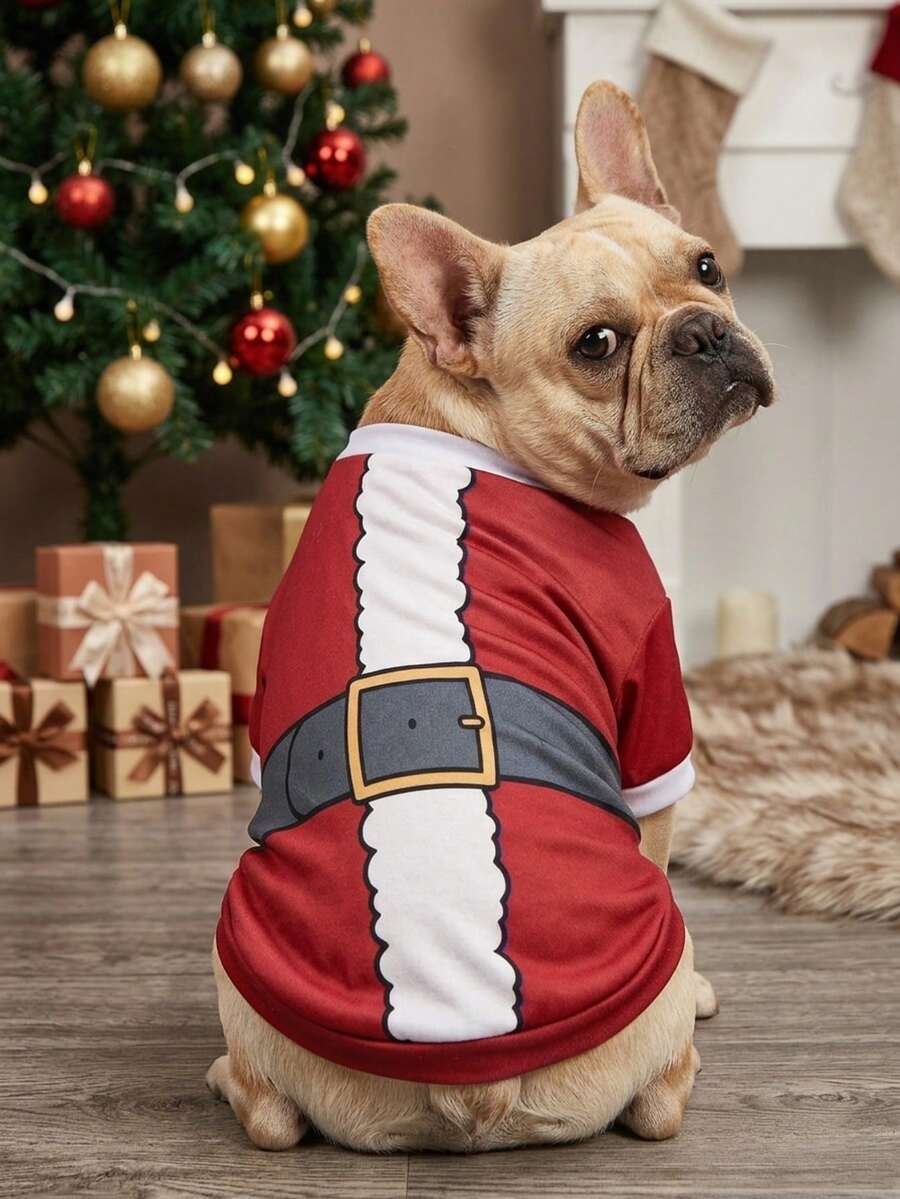 PETSIN Santa Suit Motif Christmas Pet Get‑Up, Holiday Printed Shirt For Dogs & Cats