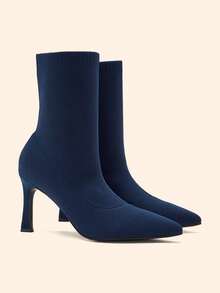 CUCCOO BASICS Women's Pointed Middle Tube Fabric Surface. Cloth Shaped Heel Medium High Heel Elastic Boots. Sexy Versatile Commuter Autumn And Winter Classic Women' - Navy Blue - View 2