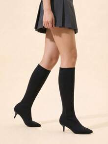 CUCCOO BASICS Women's Fashion Pointed Fabric Surface. Medium High Heel Lacquered Straight Heel Knee High Elastic Boots. Sexy Versatile Commuter Autumn And Winter Cl - Black - View 1