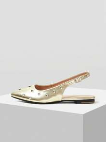 Mnmlis Women's Silver Rivet Pointed Toe Backless Flat Shoes With Adjustable Buckle Straps Retro Vacation Versatile Flat Loafers - Gold - View 2