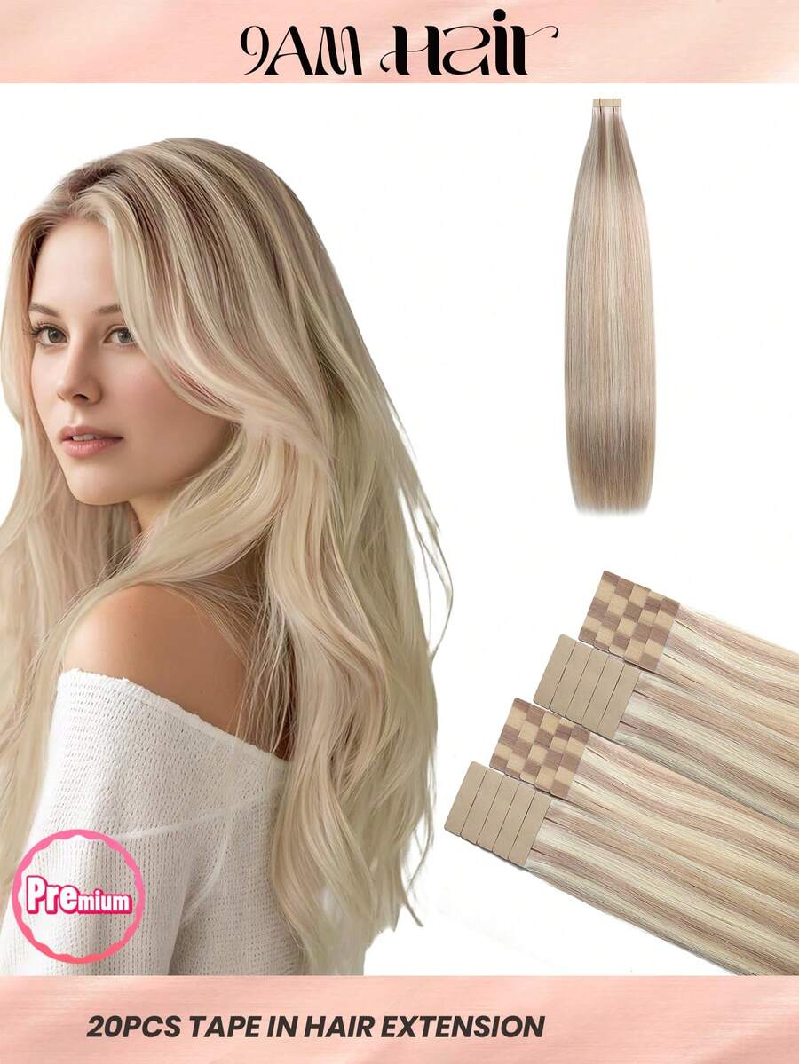 20pcs 50g P18/613# Color Straight Tape In 100% Remy Human Hair Extension For Salon Silky Seamless Invisible For Thin Hair Woman Natural Look Top Quality Halloween Costumes - S18/613 - View 1