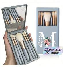 5-Piece Portable Makeup Brush Set, With Mirror, Printed With White Flower Letters A-Z, Boxed Makeup Brush Set, Multi-Functional Makeup Brush Set, With Mirror Box, Mini Multi-Functional Makeup Pen, Foundation Make-Up Brush, Eye Shadow Brush - Blue - View 1