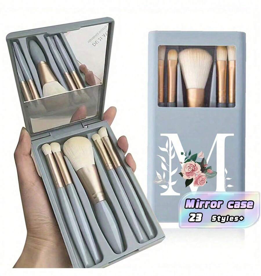 5-Piece Portable Makeup Brush Set, With Mirror, Printed With White Flower Letters A-Z, Boxed Makeup Brush Set, Multi-Functional Makeup Brush Set, With Mirror Box, Mini Multi-Functional Makeup Pen, Foundation Make-Up Brush, Eye Shadow Brush - Blue - View 1