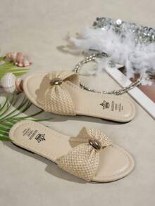 Alvarani Ladies Bow Metal Decoration Straw Flat Sandals Comfortable Simple Elegant Holiday Wind Beach Home Daily Summer White Woven Round Toe Cool Slippers - Beige - View 2