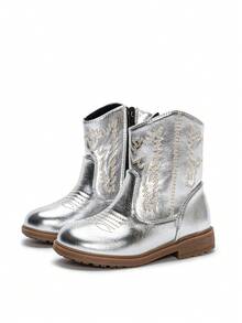 SHEIN Autumn/Winter Embroidered Totem Boots, New Wear-Resistant Warm Comfortable Flat Western Style Versatile Baby Boots - Silver - View 4