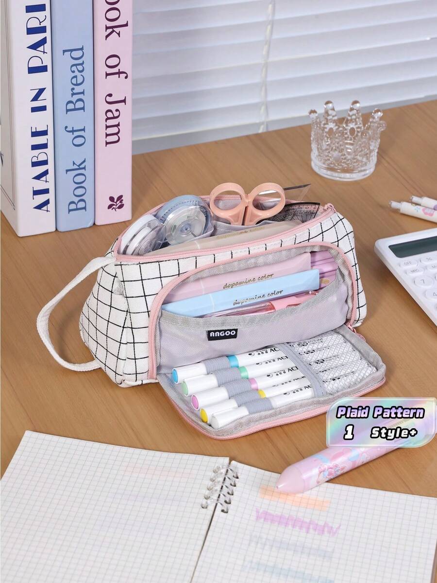 1PC Large Capacity Simple Plaid Multifunctional Triangle Pencil Case Handheld Portable Student Stationery Organizer For School Travel Office Desk Home Gift - Single Piece - View 1