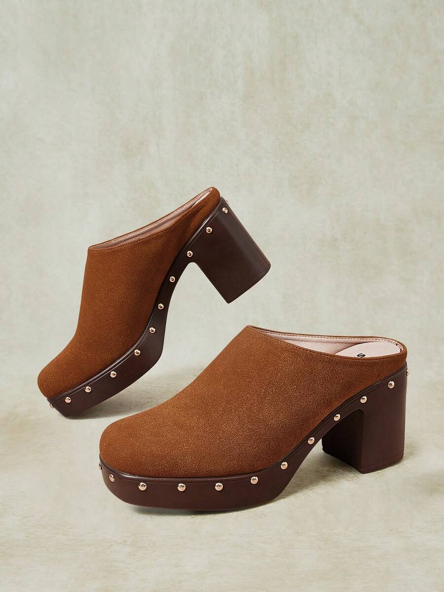 Styleloop Outdoor Women's Square Toe Side Round Nails Decoration Fashionable, Simple, Breathable And Comfortable Party Shoes With Slip-On Exposed Heel - Caramel Brown - View 1