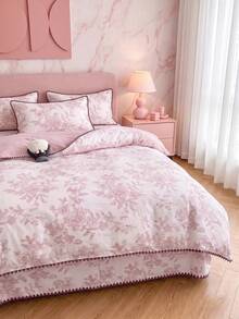 SHEIN 3-delat rosa quiltöverdragset med blommönster, röda snäckor och broderad kant, 1 quiltöverdrag + 2 örngott (utan quiltfyllning), mjukt och hudvänligt, mild retrostil, sovrumsdekoration, maskintvättbart, lämpligt för alla årstider - Multifärgad - Visa 4