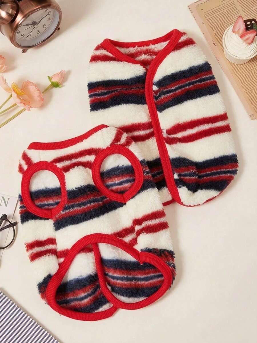 PETSIN 1pc Pet Cat Dog Universal Fashionable Red, Blue, And White Printed Double-Sided Elastic Plush Comfortable And Warm Open Button Dog Sleeveless Jacket Jacket - Multicolor - View 1