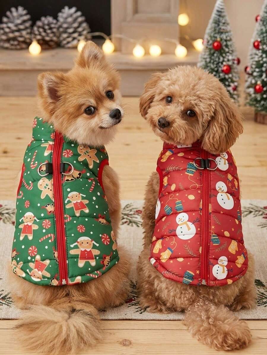PETSIN Christmas Print Dog Puffer Vest Zipper Winter Coat With Harness Hole For Small Medium Dogs
