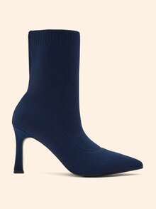 CUCCOO BASICS Women's Pointed Middle Tube Fabric Surface. Cloth Shaped Heel Medium High Heel Elastic Boots. Sexy Versatile Commuter Autumn And Winter Classic Women' - Navy Blue - View 4
