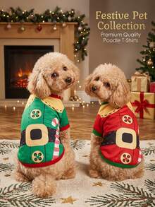 PETSIN Xmas Elf Dog Clothes, Festive Candy Cane Printed Pet Shirt Christmas Puppy Outfit - Multicolor - View 3