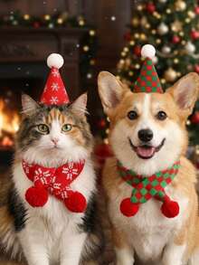 PETSIN Pet Christmas Party Hat And Knitted Scarf Set, Xmas Pom Pom Costume Accessories For Cats Small Dogs, Holiday Photo Props - Multicolor - View 1