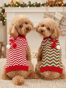 PETSIN Christmas Zigzag Sleeveless Dog Knit Vest With Pom Pom Bow, Winter Holiday Pet Tank Top - Multicolor - View 2