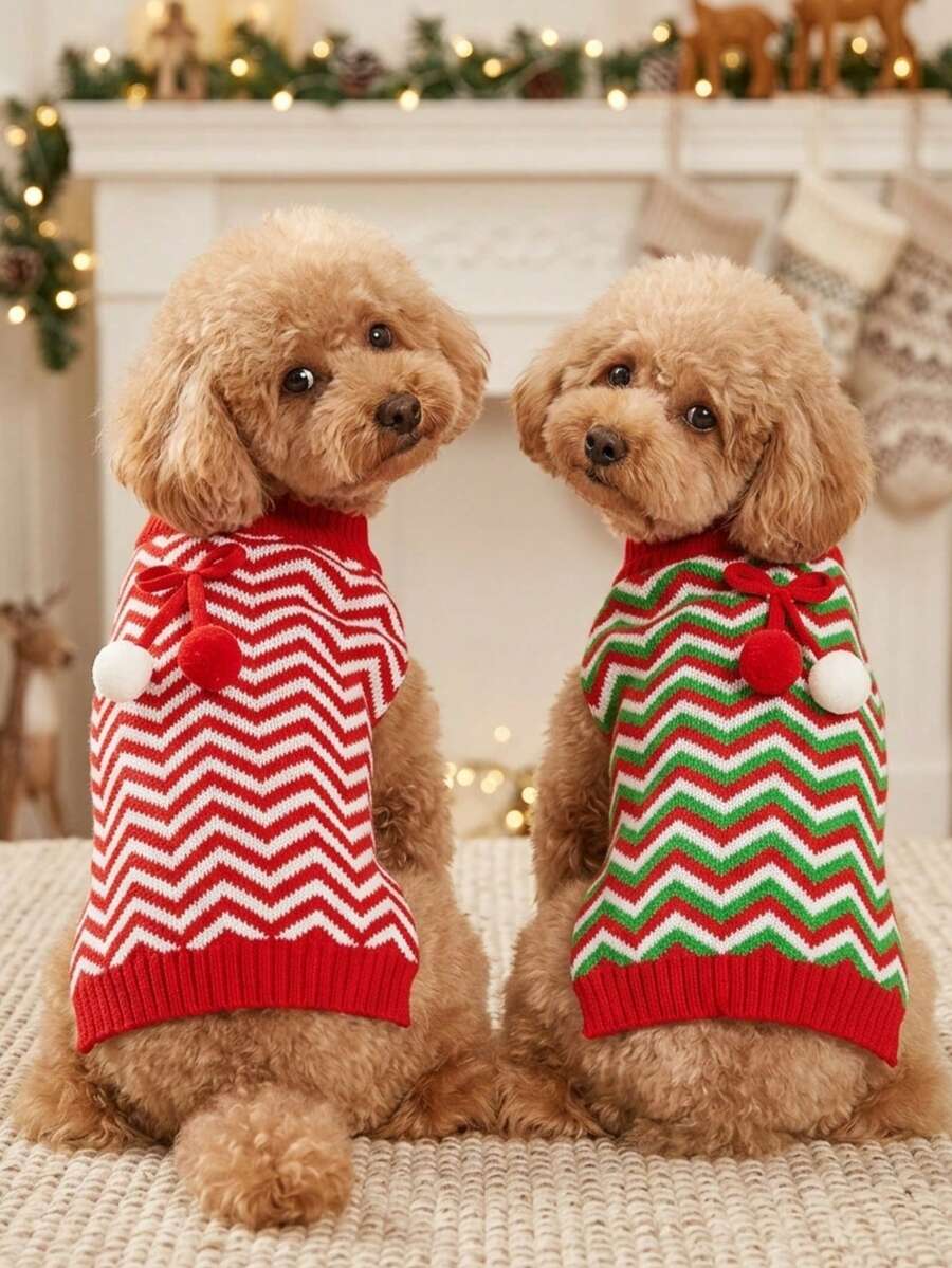 PETSIN Christmas Zigzag Sleeveless Dog Knit Vest With Pom Pom Bow, Winter Holiday Pet Tank Top