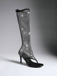 SHEIN SHUZIA Women's Black Rhinestone Mesh Open Toe Stiletto High Heel Knee High Boots, Chic Sparkly Party & Evening Dress Shoes - Deep Black - View 7