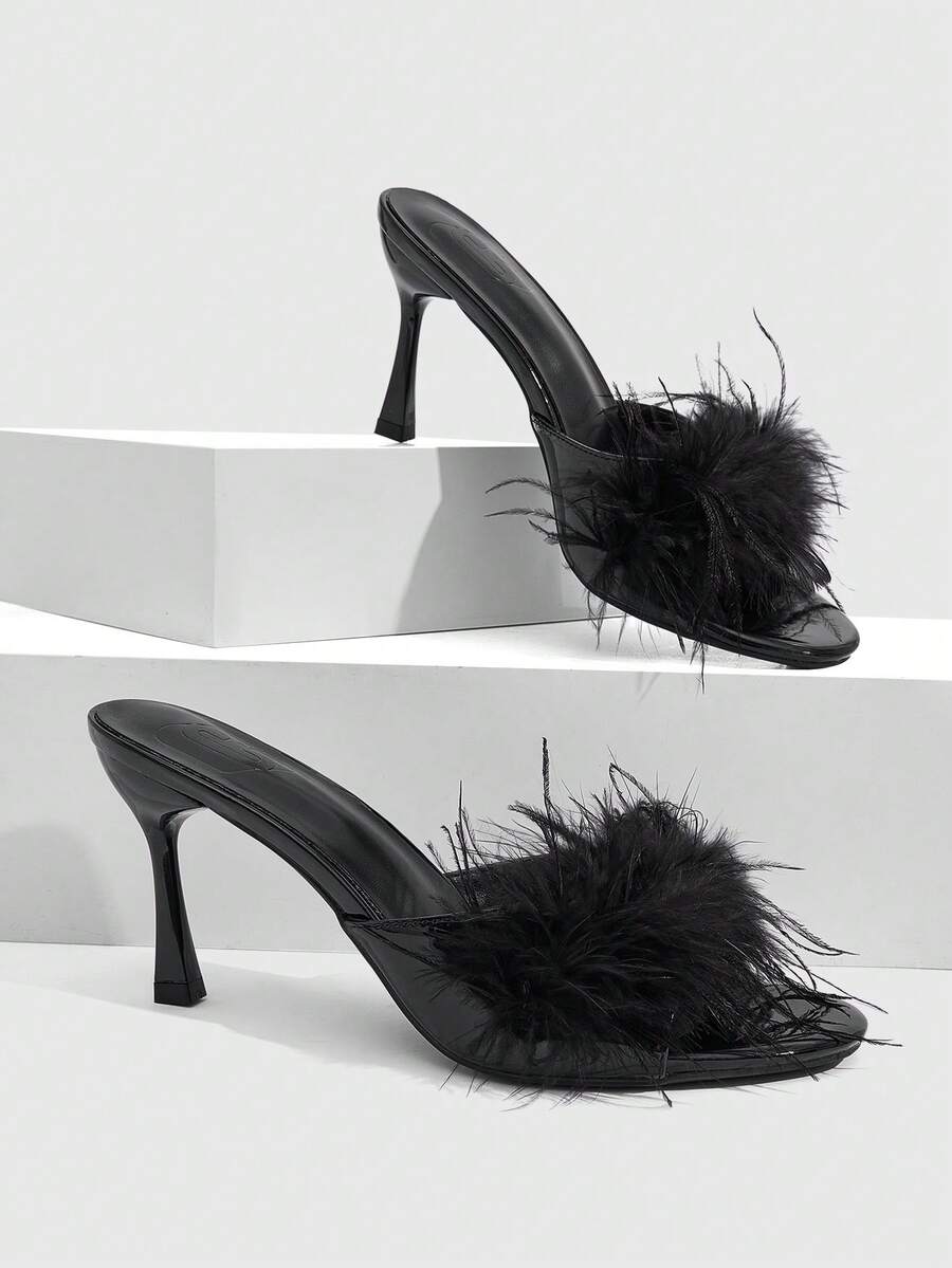 CUCCOO SZL Open-Toed Feather Stilettos Women's Loafers, High-Heeled Design, Suitable For Party Occasions - Black - View 1