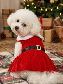 PETSIN Santa‑Style Pet Frock, Plush Collar Decorative Buckle Holiday Skirt For Dogs & Cats - Red - View 4