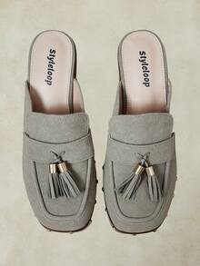 Styleloop Outdoor Women's Square Toe Side Round Nails Decoration Fashionable, Simple, Breathable And Comfortable Party Shoes With Slip-On Exposed Heel - Grey - View 4