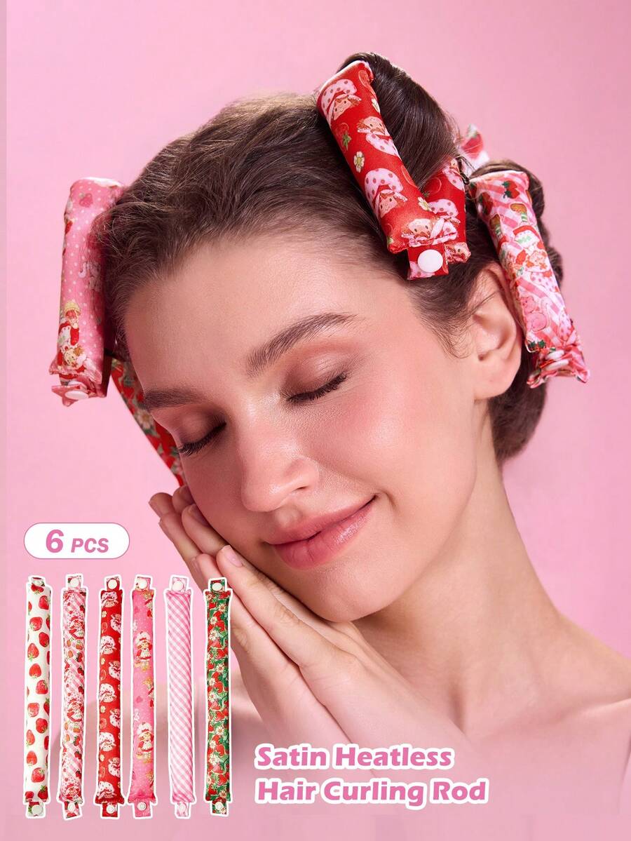 Strawberry Shortcake X SHEIN مجموعة أدوات تجعيد الشعر بدون حرارة بطباعة كرتونية 6 قطع - متعدد الألوان - مشاهدة 1