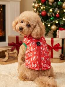 PETSIN Cozy Christmas Winter Dog Vest Holiday Pattern With Gingerbread Men Hoho Pet Jacket - Red and White - View 2