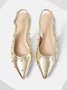 Mnmlis Women's Silver Rivet Pointed Toe Backless Flat Shoes With Adjustable Buckle Straps Retro Vacation Versatile Flat Loafers - Gold - View 1
