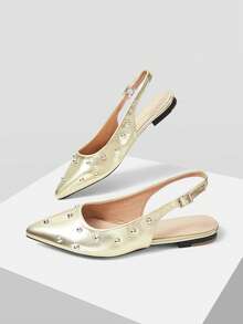 Mnmlis Women's Silver Rivet Pointed Toe Backless Flat Shoes With Adjustable Buckle Straps Retro Vacation Versatile Flat Loafers - Gold - View 5