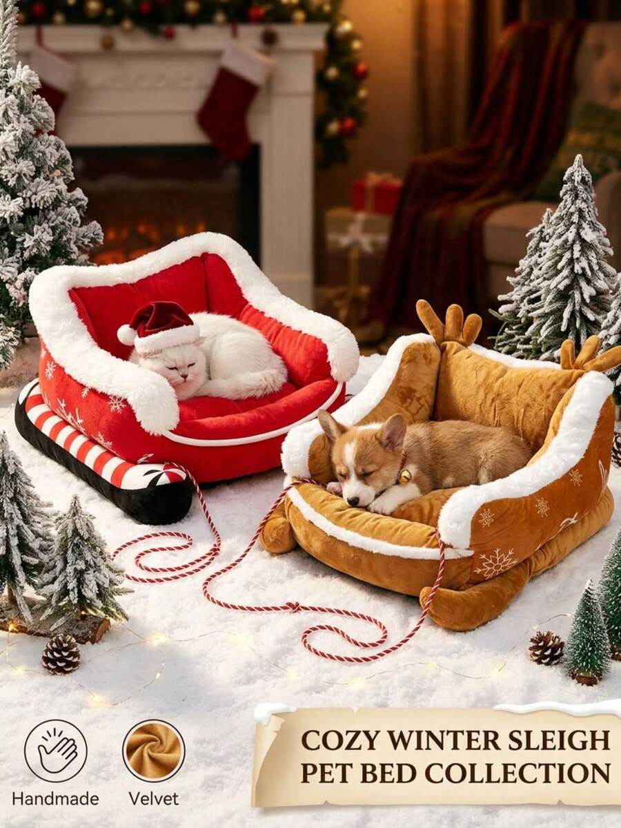 PETSIN 1PC Christmas Sleigh‑Shaped Pet Bed, Removable Washable Pet Sofa Nest, All‑Season Sleeping Cushion Bed For Small Dogs & Cats - Multicolor - View 1