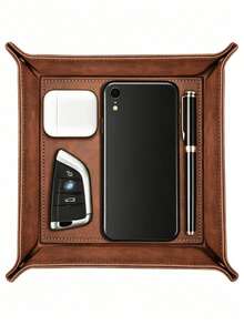 1pc Foldable Leather Desktop Storage Tray - PU Jewelry Box And Key, Remote Control, Ring, Earring Organizer | Fashionable Storage Box For Small Items, Accessories And Home Decor - Multicolor - View 8