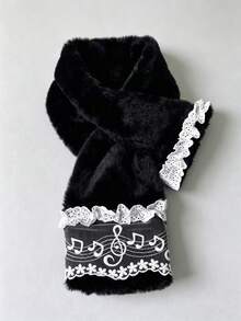 ROMWE Kawaii Subculture Plush Scarf, Lace Lace Note Embroidery Sweet Cool Y2K Lolita Winter Warm Scarf - Black - View 1