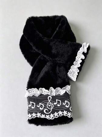 Kawaii Subculture Plush Scarf, Lace Lace Note Embroidery Sweet Cool Y2K Lolita Winter Warm Scarf