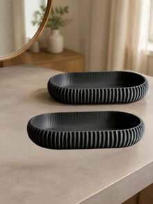 2 Pieces/1 Piece, Plastic Oval Storage Tray, Minimalist Black Or Cream White Striped Design With Elevated Curved Edge, Versatile Jewelry, Cosmetics, Keys And Coin Storage Case - Multicolor - View 19
