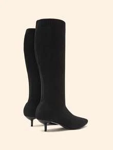 CUCCOO BASICS Women's Fashion Pointed Fabric Surface. Medium High Heel Lacquered Straight Heel Knee High Elastic Boots. Sexy Versatile Commuter Autumn And Winter Cl - Black - View 7