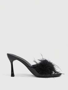 CUCCOO SZL Open-Toed Feather Stilettos Women's Loafers, High-Heeled Design, Suitable For Party Occasions - Black - View 3