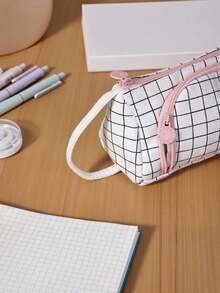 1PC Large Capacity Simple Plaid Multifunctional Triangle Pencil Case Handheld Portable Student Stationery Organizer For School Travel Office Desk Home Gift - Single Piece - View 3